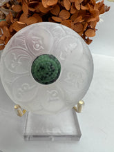 Load image into Gallery viewer, Selenite with Ruby Zoisite Charkra Flower on stand
