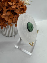 Load image into Gallery viewer, Selenite with Ruby Zoisite Charkra Flower on stand
