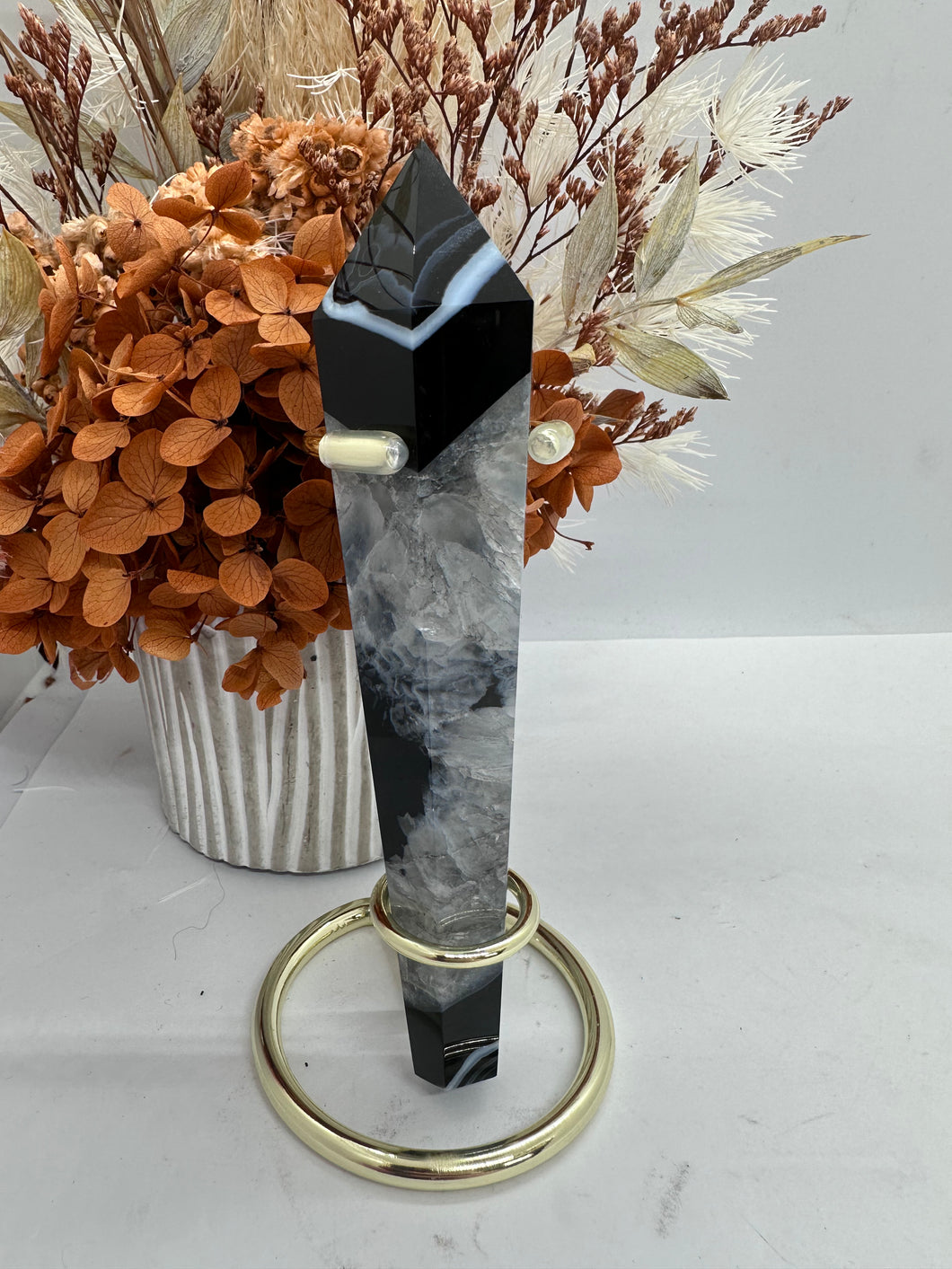 G Black Agate Wand on Stand